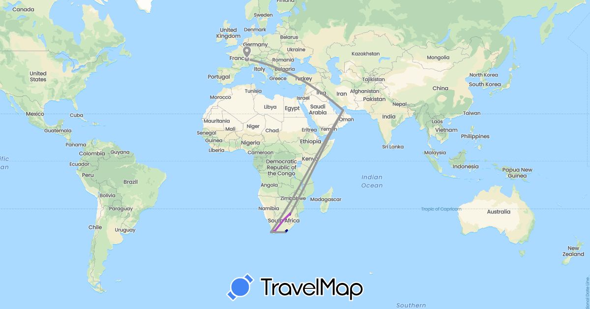 TravelMap itinerary: driving, plane, train in United Arab Emirates, Switzerland, South Africa (Africa, Asia, Europe)