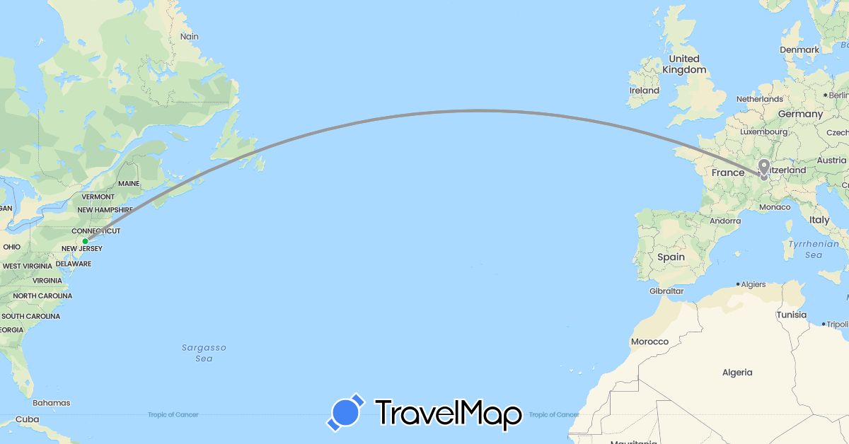 TravelMap itinerary: driving, bus, plane in Switzerland, United States (Europe, North America)
